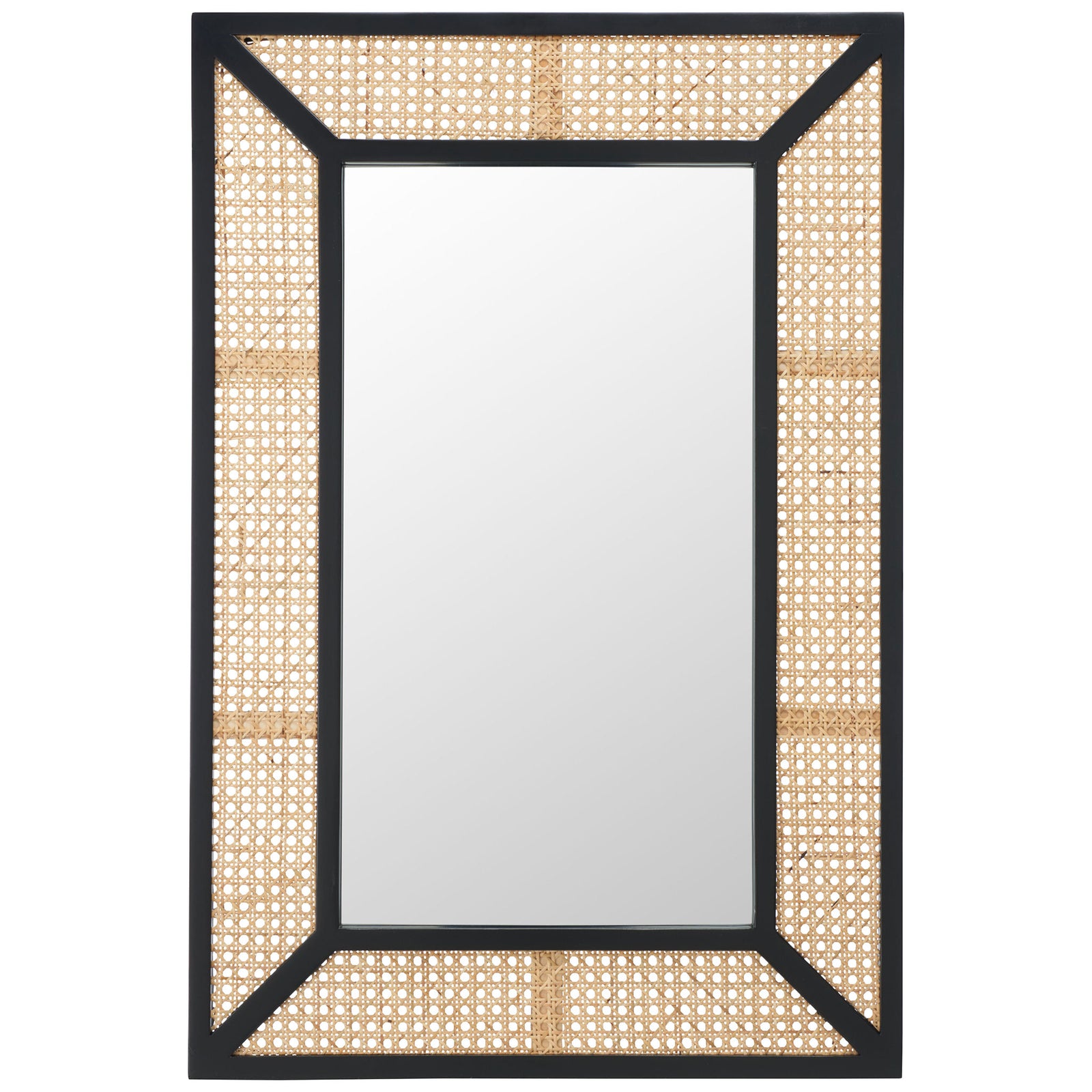 Tall rectangular mirror features an open-weave natural border set within a striking black frame. || MRR2016A || front_studio