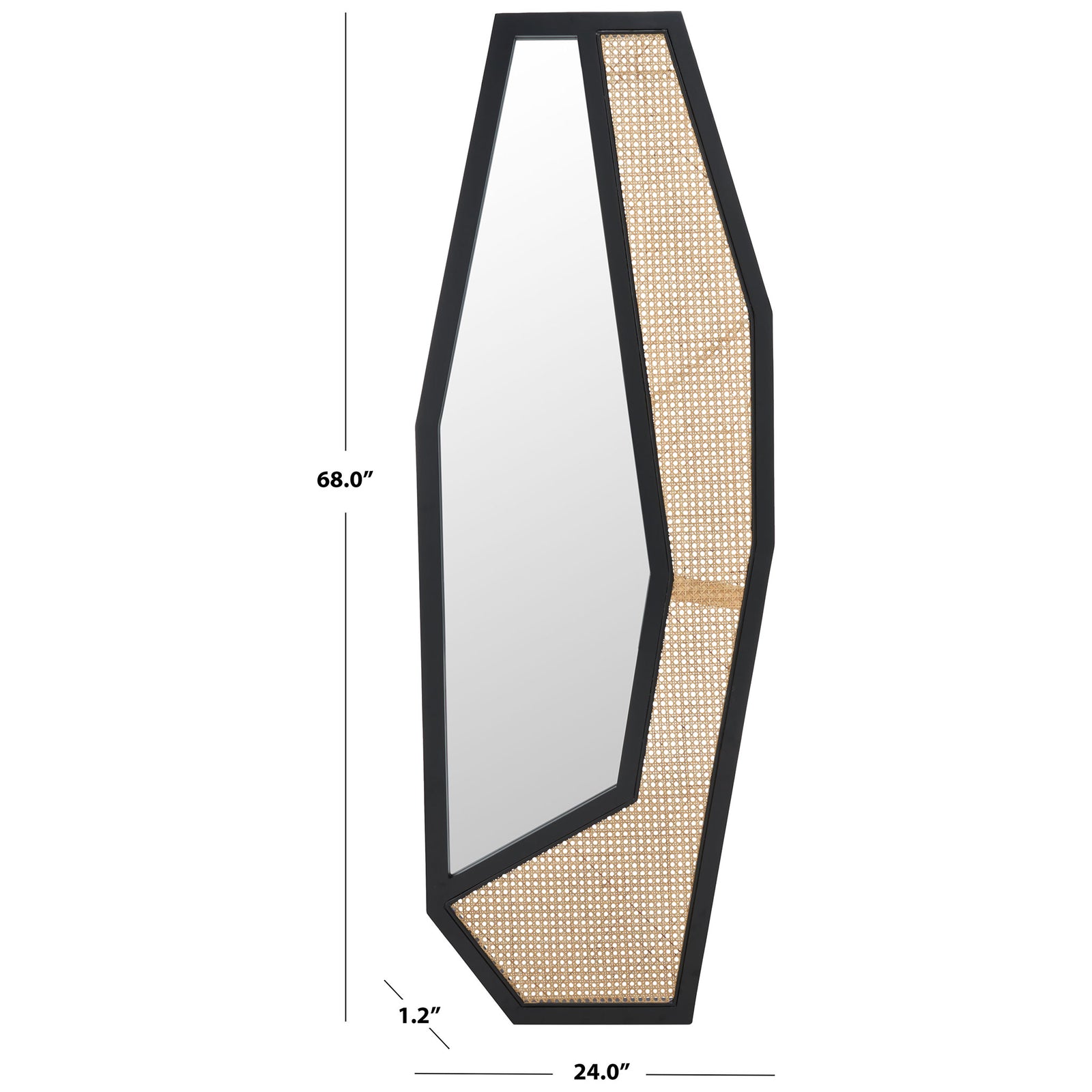 At 68 inches tall and 24 inches wide, this angular mirror pairs black framing with woven detail. || MRR2018A || dimension_studio