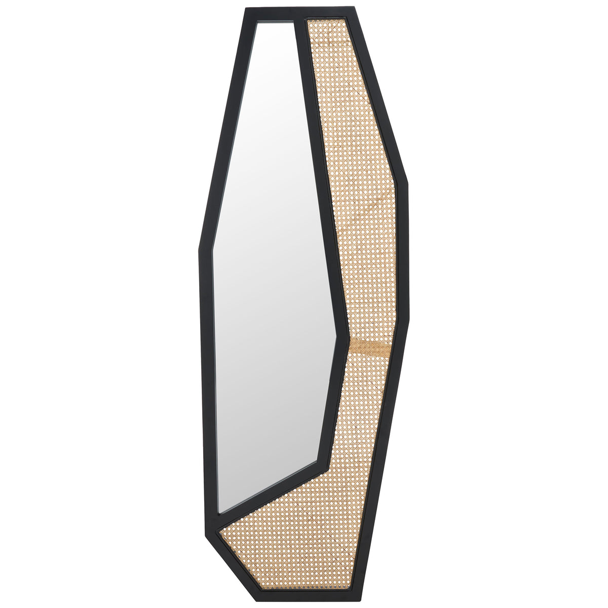 An asymmetrical black wood frame borders an offset mirror and a warm woven accent. || MRR2018A || front_studio
