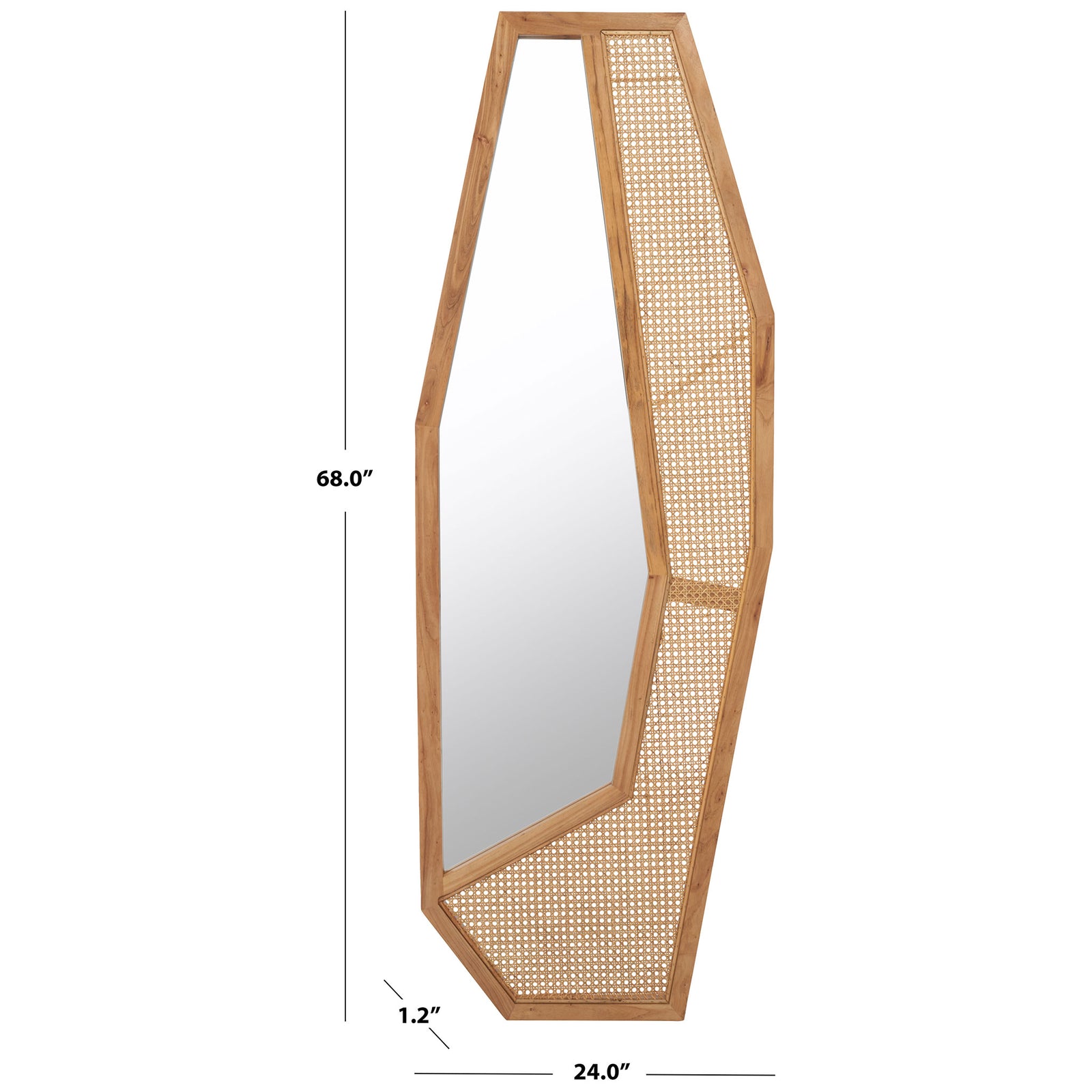 This 68-inch-tall, 24-inch-wide mirror combines natural wood with an openwork woven panel. || MRR2018B || dimension_studio