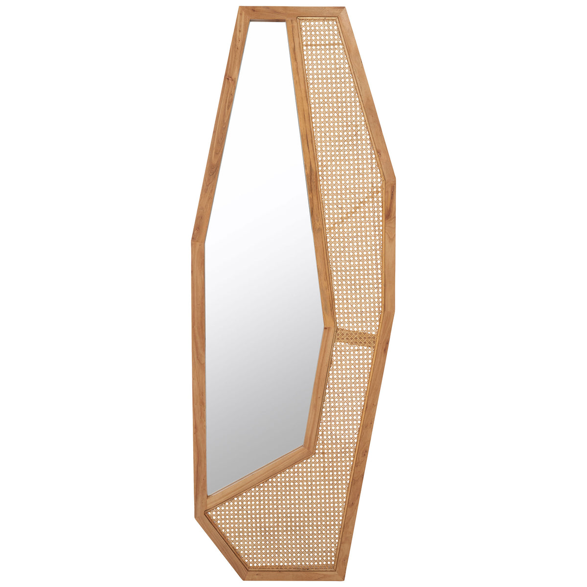 An asymmetrical natural wood frame surrounds reflective glass and a wide woven accent. || MRR2018B || front_studio