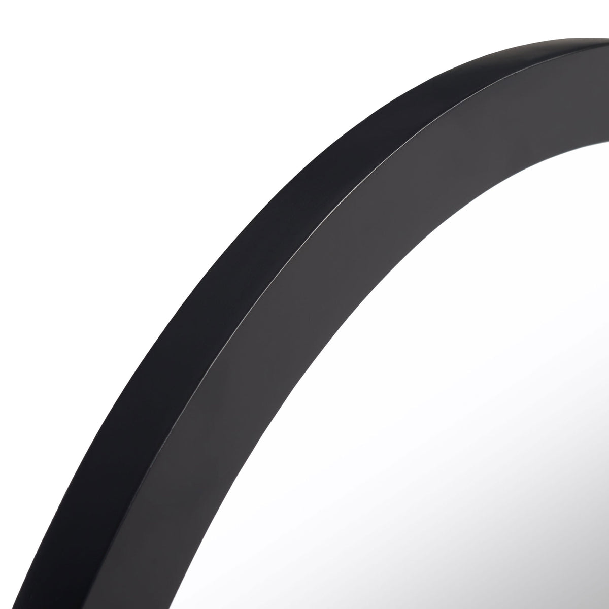 A smooth black wood frame curves around the mirror for a crisp, modern finish. || MRR2019A || detail_studio