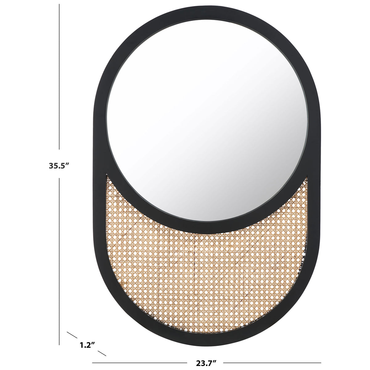 This black wood and cane mirror measures 23.7 inches wide, 35.5 inches high and 1.2 inches deep. || MRR2019A || dimension_studio
