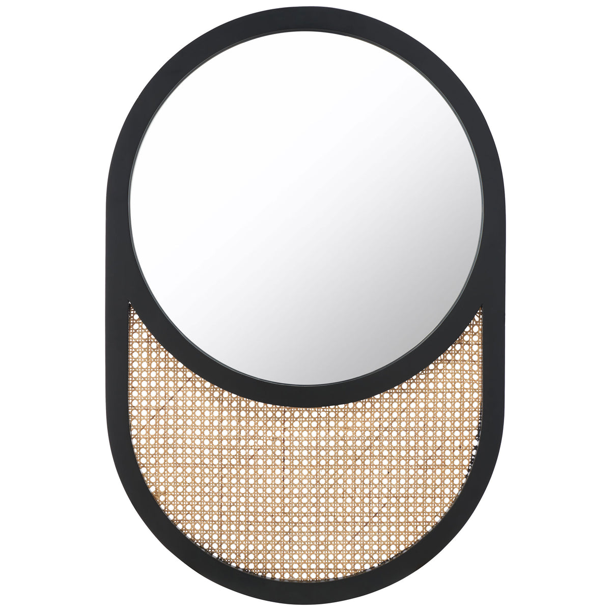 An elongated black wood frame pairs a round mirror with a natural woven cane accent. || MRR2019A || front_studio