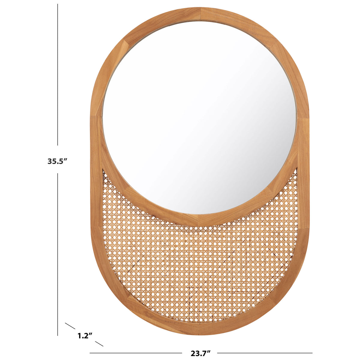 This natural wood and cane mirror measures 23.7 inches wide, 35.5 inches high and 1.2 inches deep.