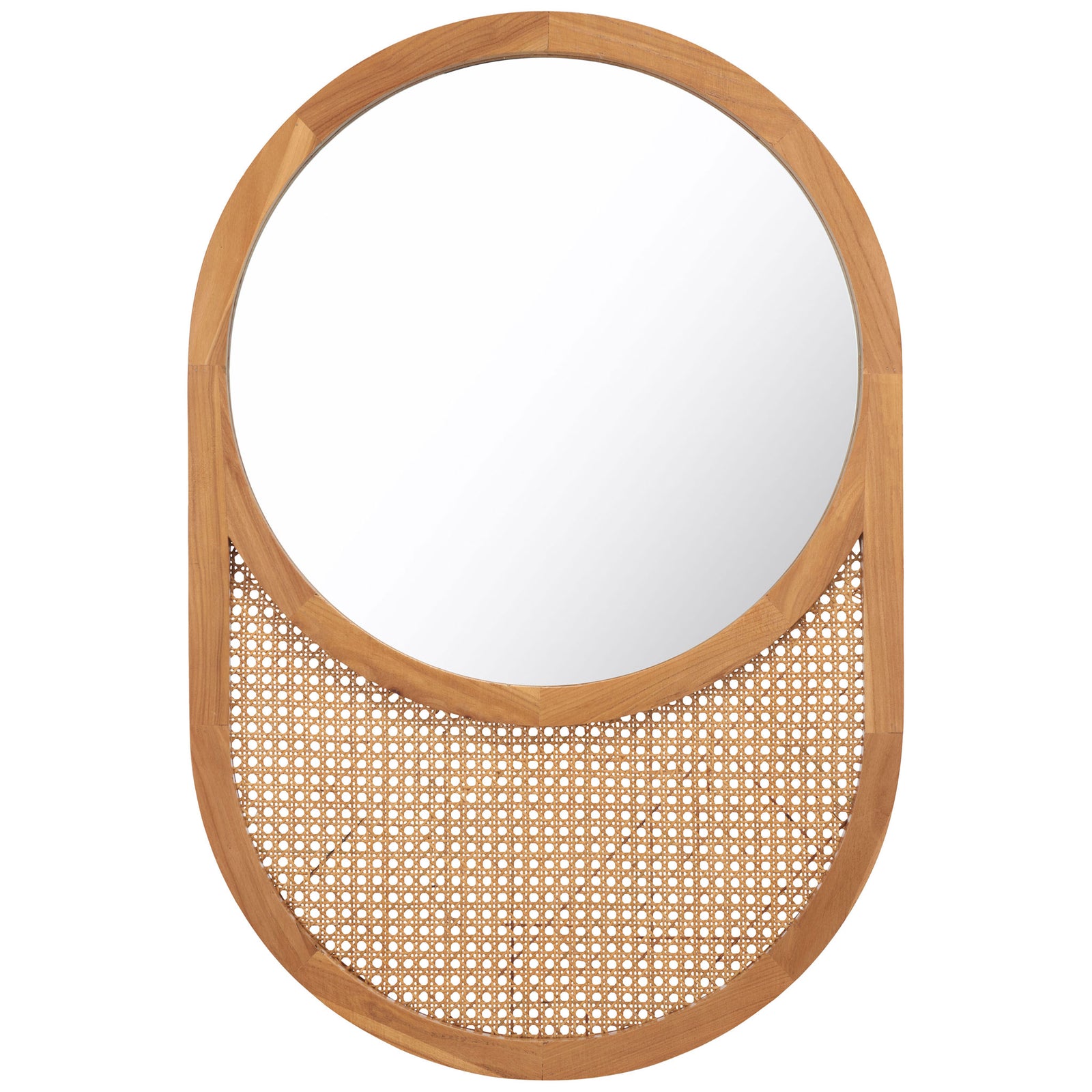 Natural wood surrounds a round mirror and woven cane panel in an elongated oval frame. || MRR2019B || front_studio