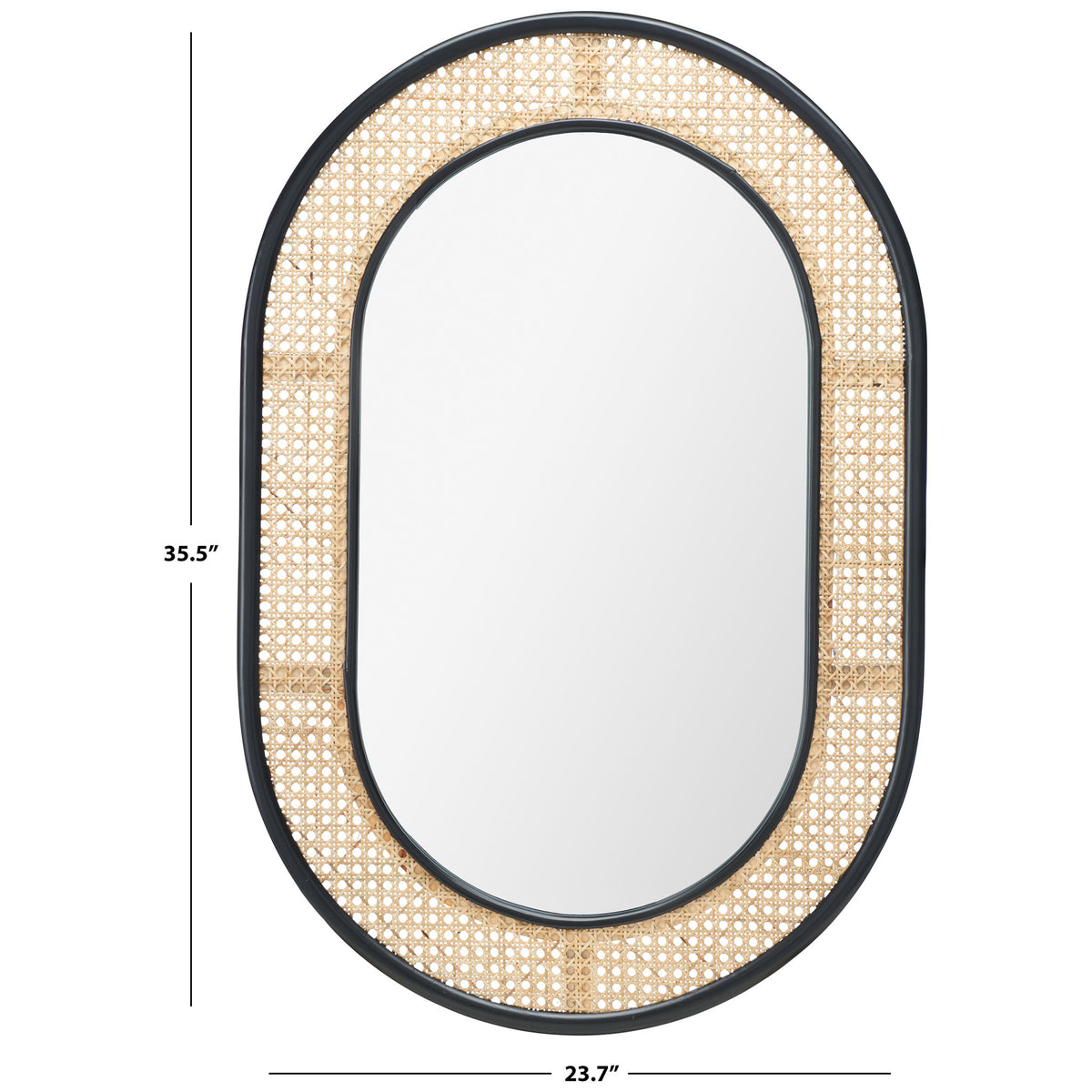 Black-trimmed mirror measures 23.7 inches wide and 35.5 inches high, with a woven cane border