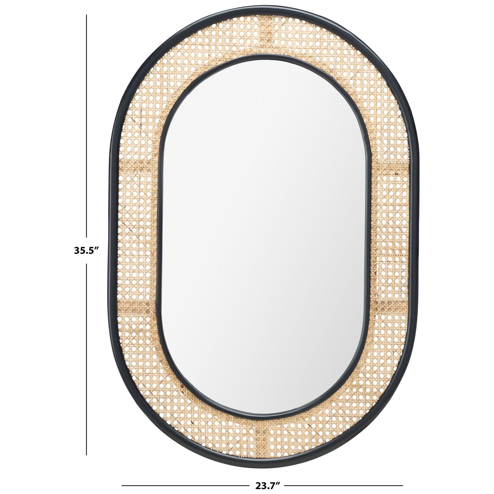 Black-trimmed mirror measures 23.7 inches wide and 35.5 inches high, with a woven cane border || MRR2020A || dimension_studio