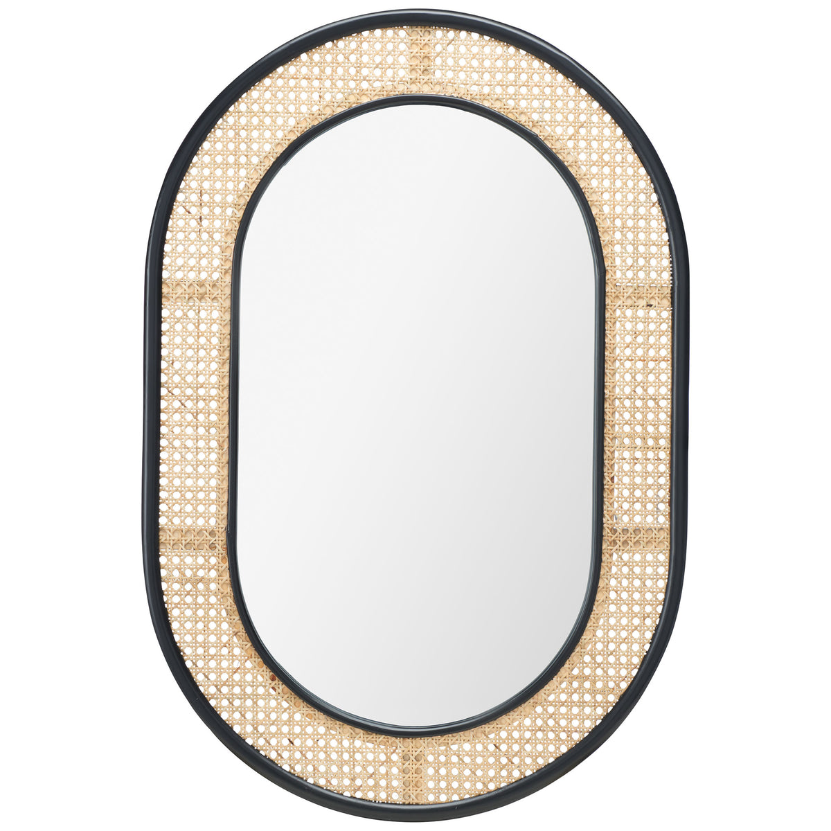 Capsule-shaped mirror pairs a bold black frame with a wide, open-weave cane border || MRR2020A || front_studio