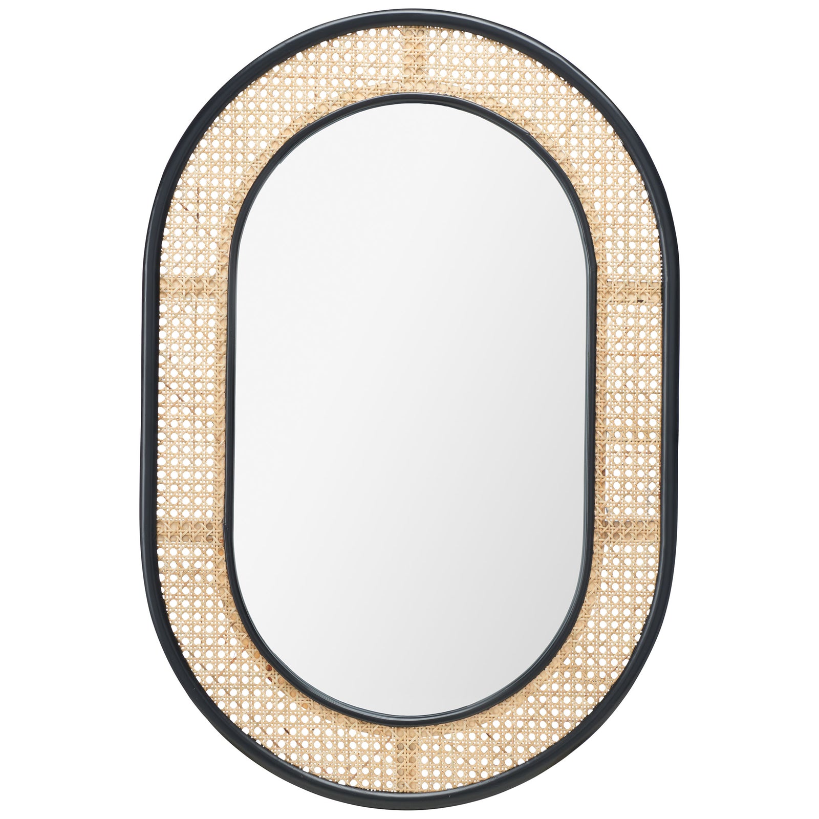 Capsule-shaped mirror pairs a bold black frame with a wide, open-weave cane border || MRR2020A || front_studio