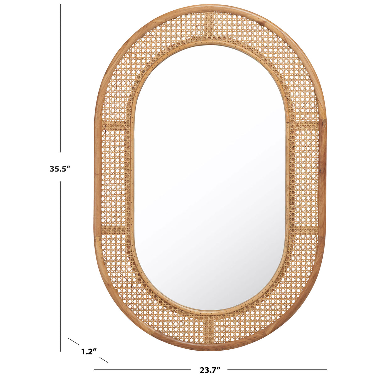 Natural wood and woven cane surround a capsule mirror measuring 23.7 inches wide and 35.5 inches high || MRR2020B || dimension_studio