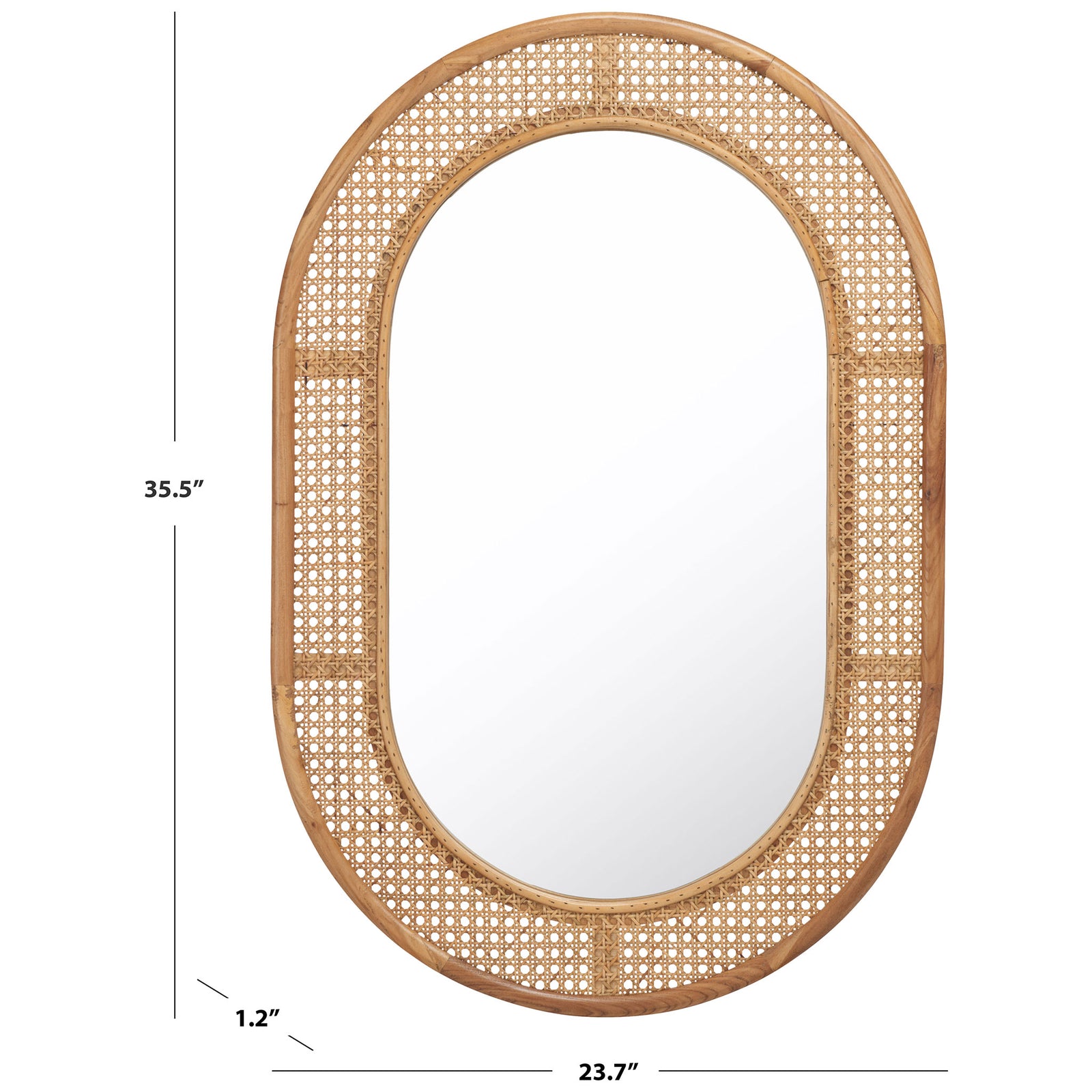 Natural wood and woven cane surround a capsule mirror measuring 23.7 inches wide and 35.5 inches high || MRR2020B || dimension_studio