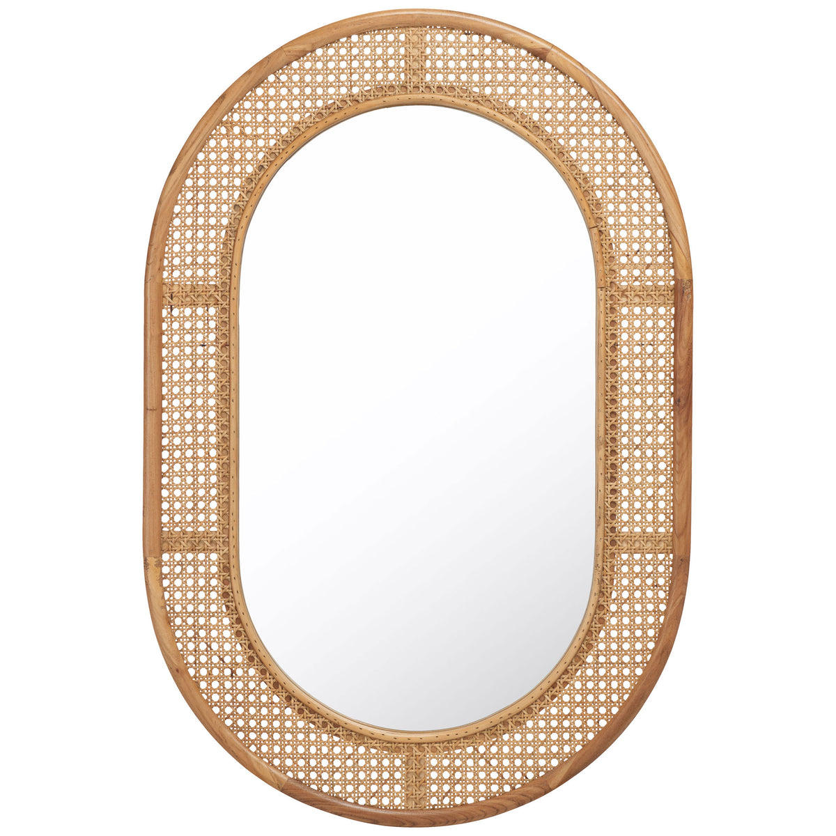 Capsule-shaped mirror pairs a warm wood rim with an airy woven cane border || MRR2020B || front_studio