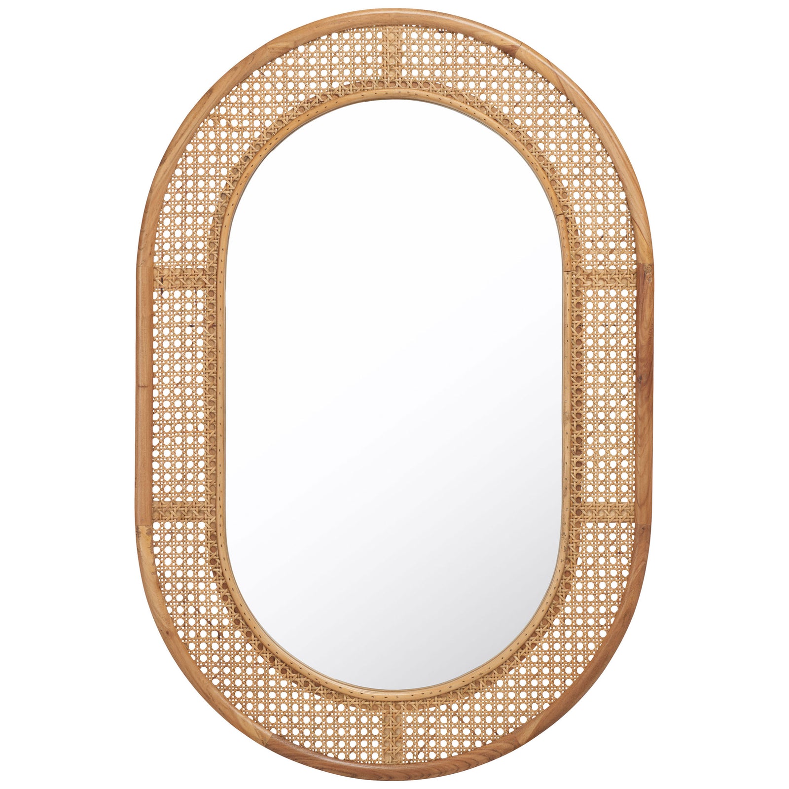 Capsule-shaped mirror pairs a warm wood rim with an airy woven cane border || MRR2020B || front_studio