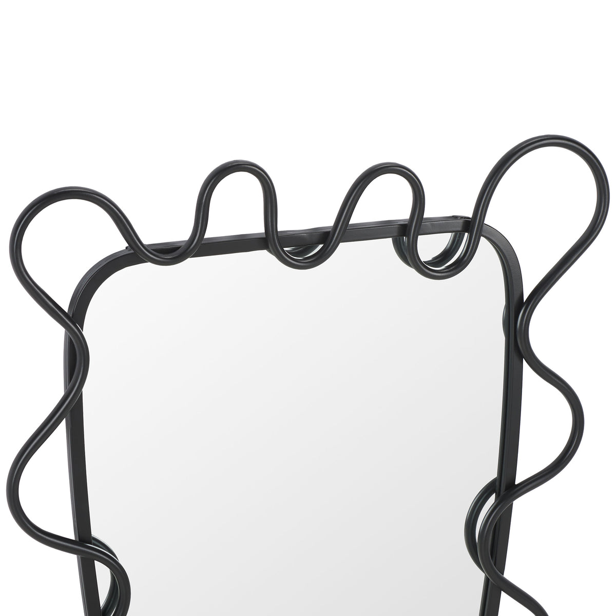 Playful metal loops rise above the mirror's softly rounded black inner frame || MRR2500A || detail_studio