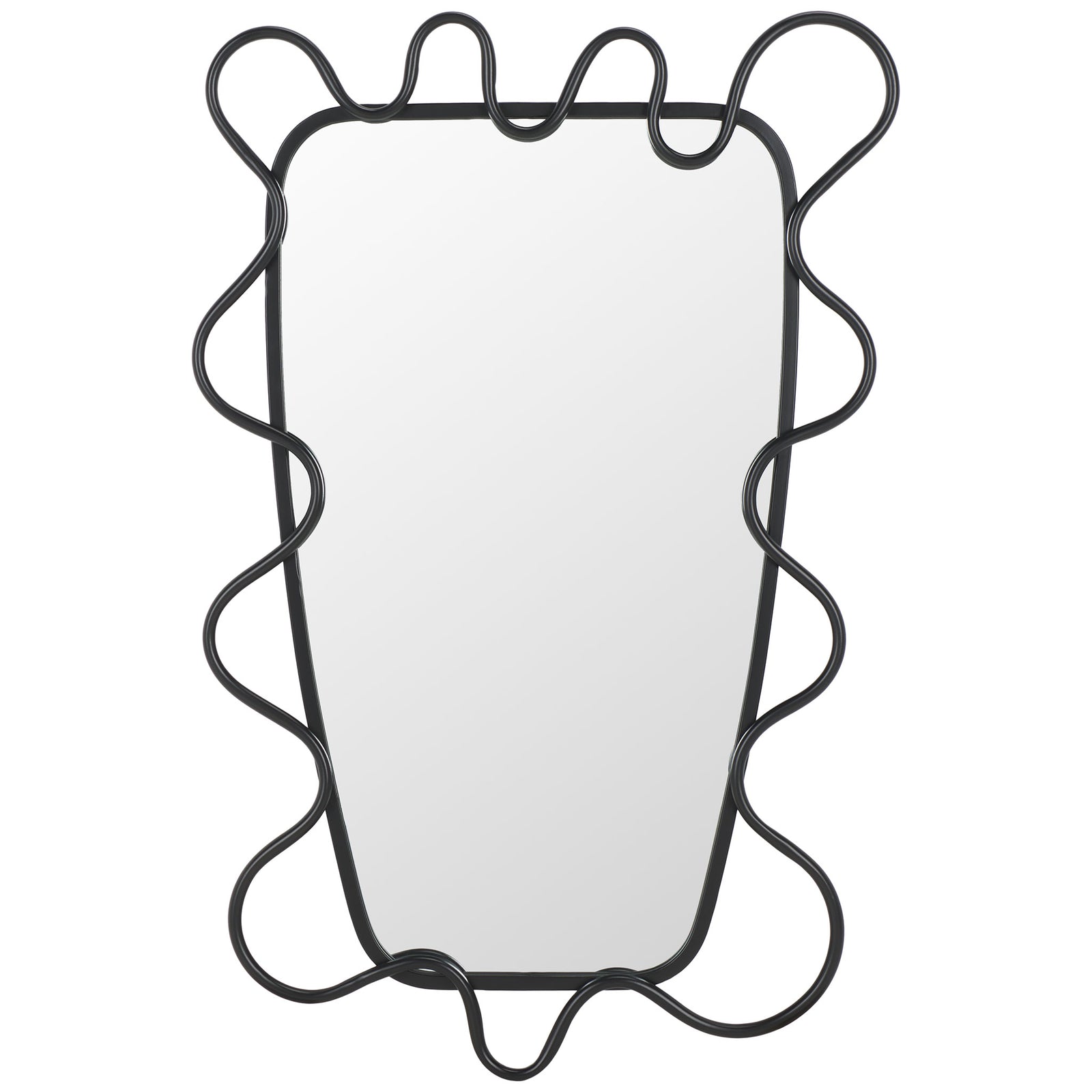 Fluid black metal loops surround a tall mirror with softly rounded edges || MRR2500A || front_studio