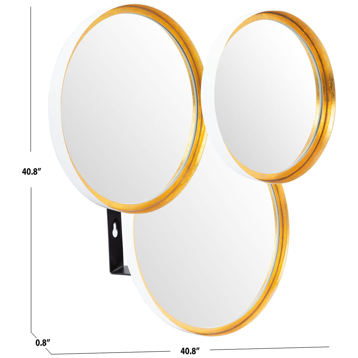 Three overlapping gold-framed mirrors form a wall display measuring 40.8 inches wide and tall. || MRR3002B || dimension_studio