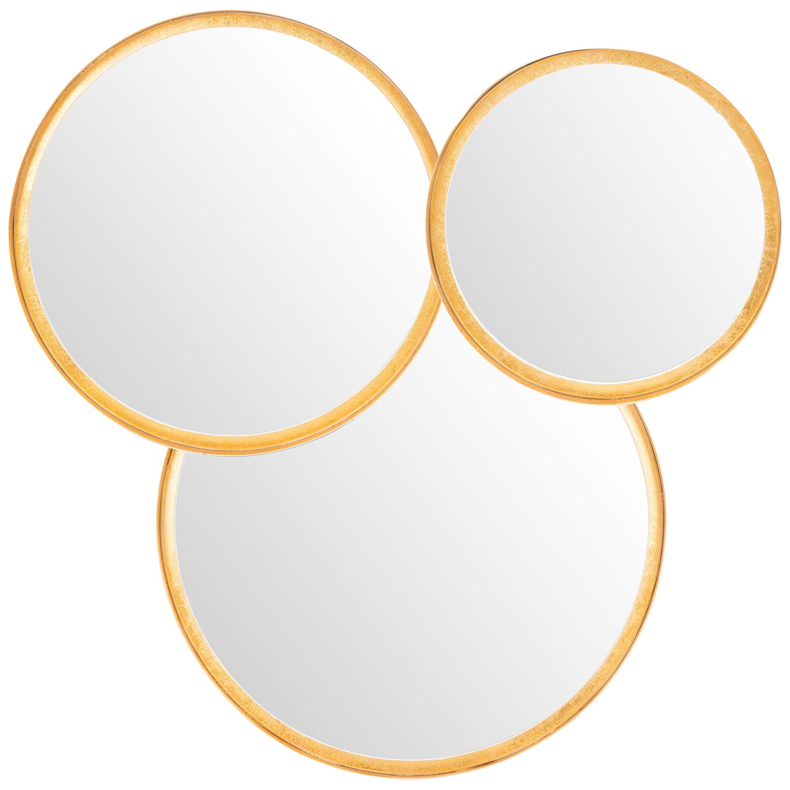 Round mirrors of varied sizes overlap within lustrous gold frames for a polished wall accent. || MRR3002B || front_studio