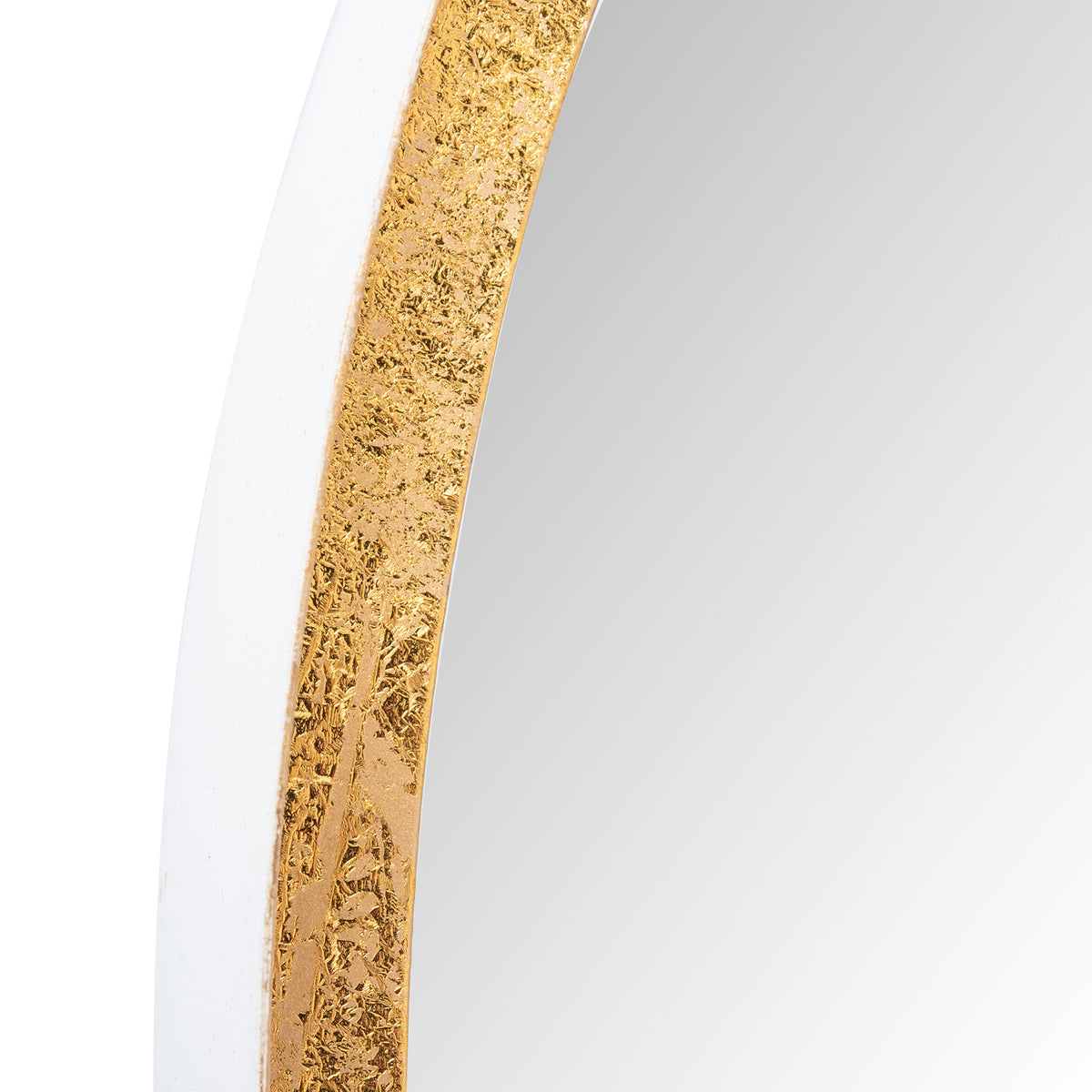 A richly textured gold foil rim contrasts with smooth white trim and reflective glass. || MRR3002B || detail_studio