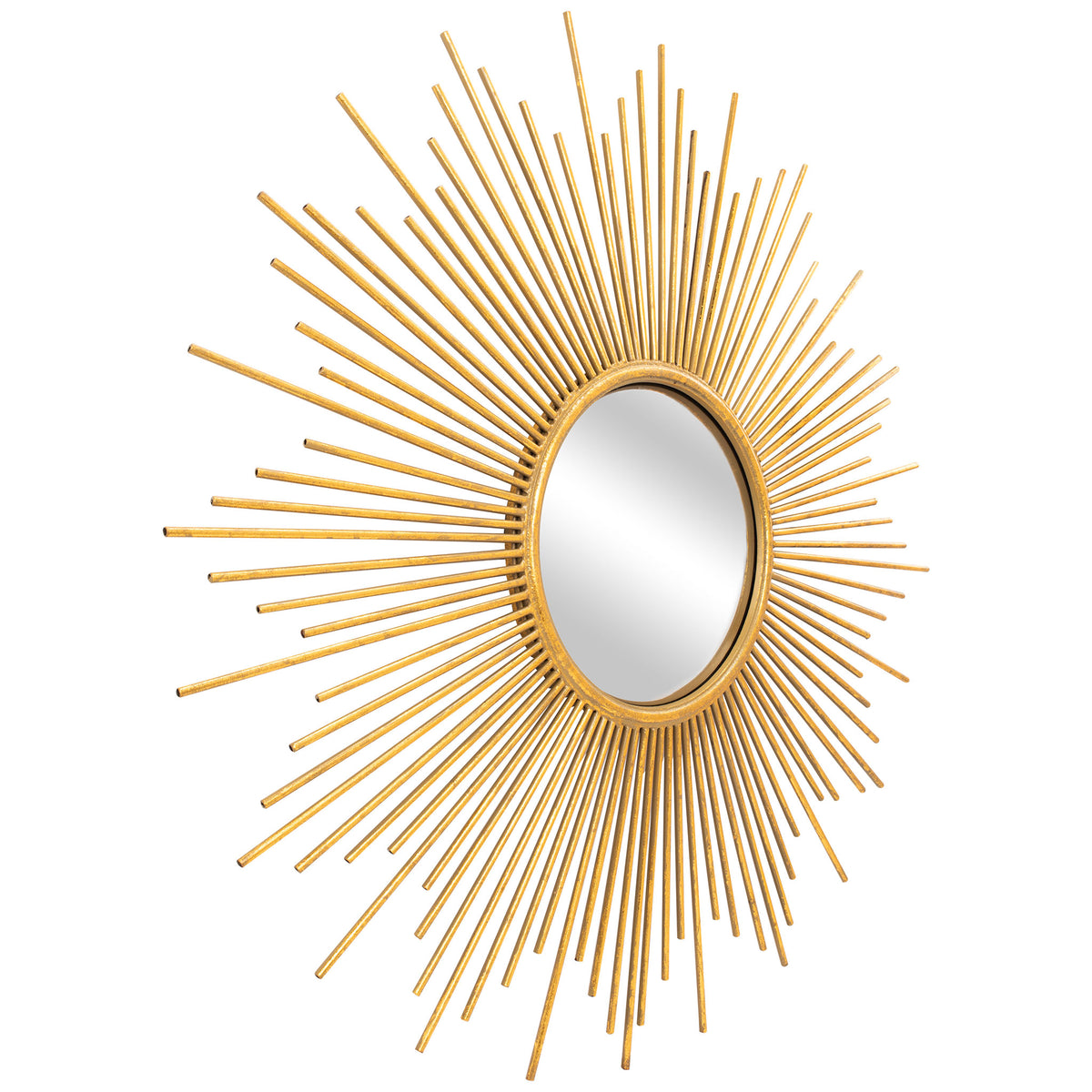 An airy halo of gold iron rods surrounds a round mirror with a slim, sculptural profile || MRR3009A || front_angle_studio