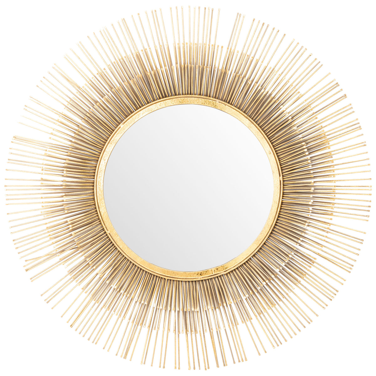 A circular mirror sits inside a gleaming gold rim, framed by a halo of delicate rays. || MRR3012A || front_studio