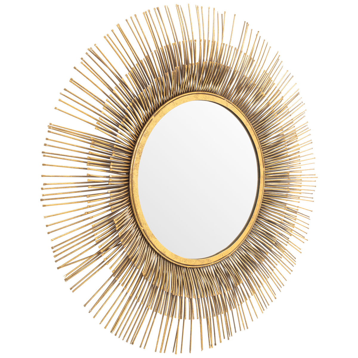 A raised gold rim and layered metal rays give the circular mirror sculptural depth. || MRR3012A || front_angle_studio