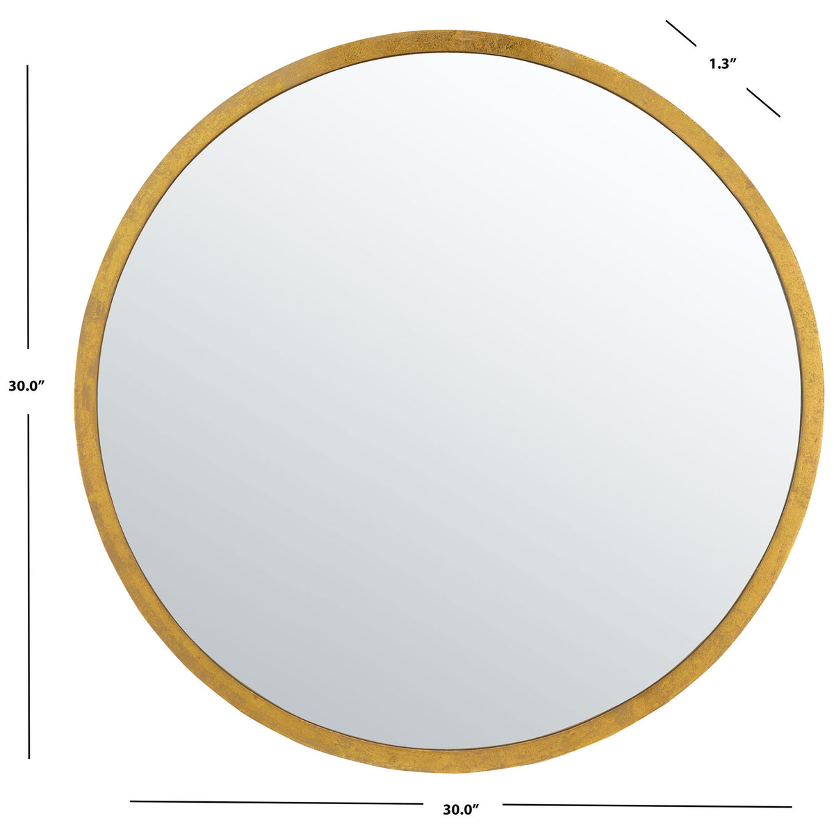 Round gold-framed mirror measures 30 inches across and 1.3 inches deep || MRR3033A || dimension_studio