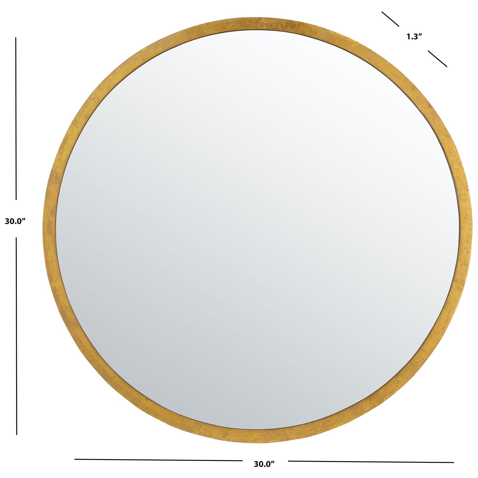 Round gold-framed mirror measures 30 inches across and 1.3 inches deep || MRR3033A || dimension_studio