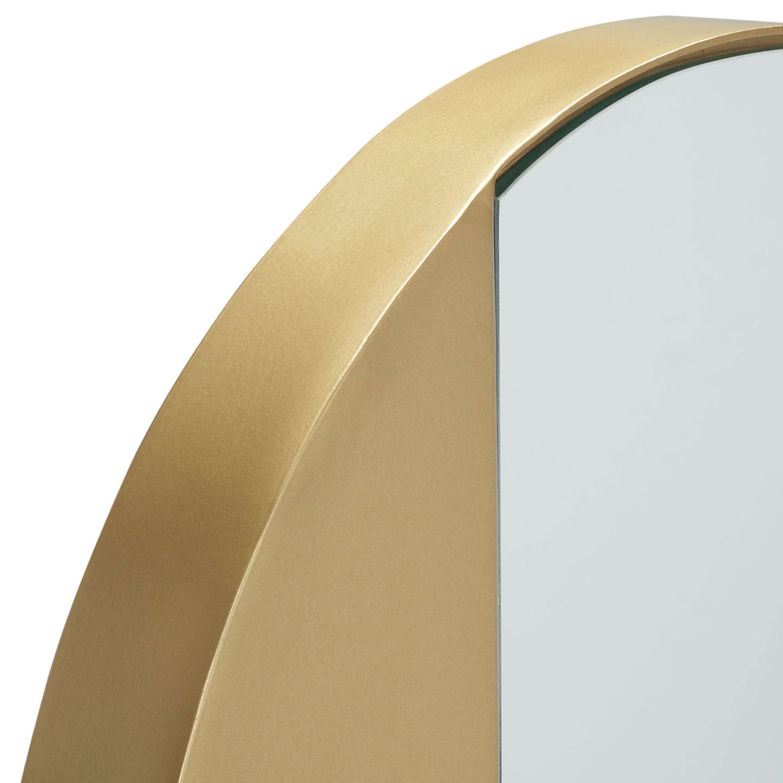 A sculptural brass-finished curve meets the reflective glass of a round mirror. || MRR3034A || detail_studio