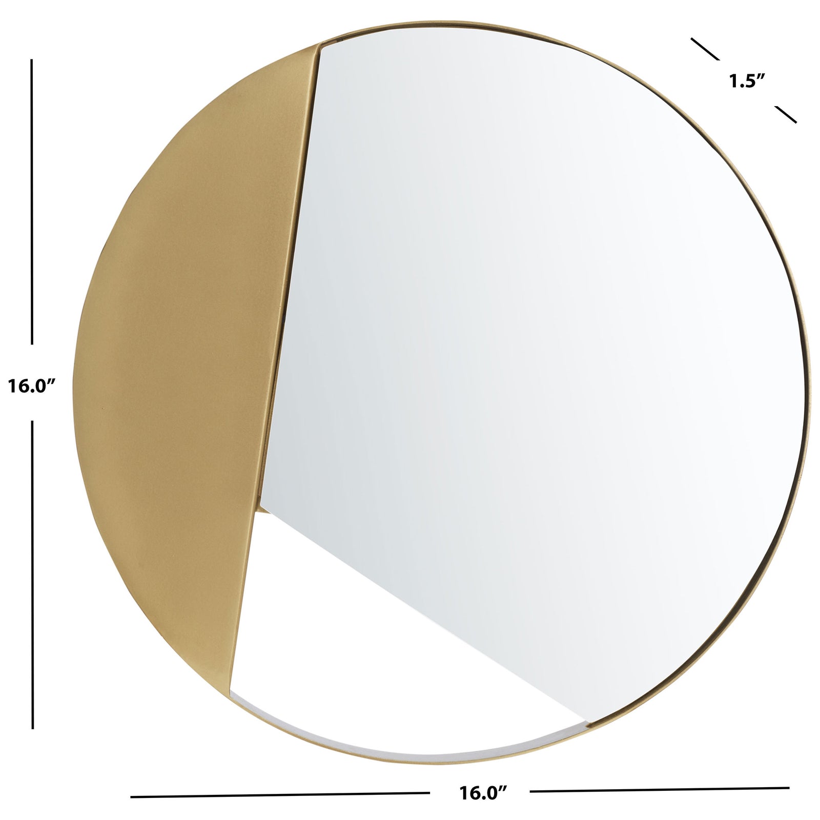 A 16-inch round mirror features a sweeping brass-finished accent and a 1.5-inch profile. || MRR3034A || dimension_studio