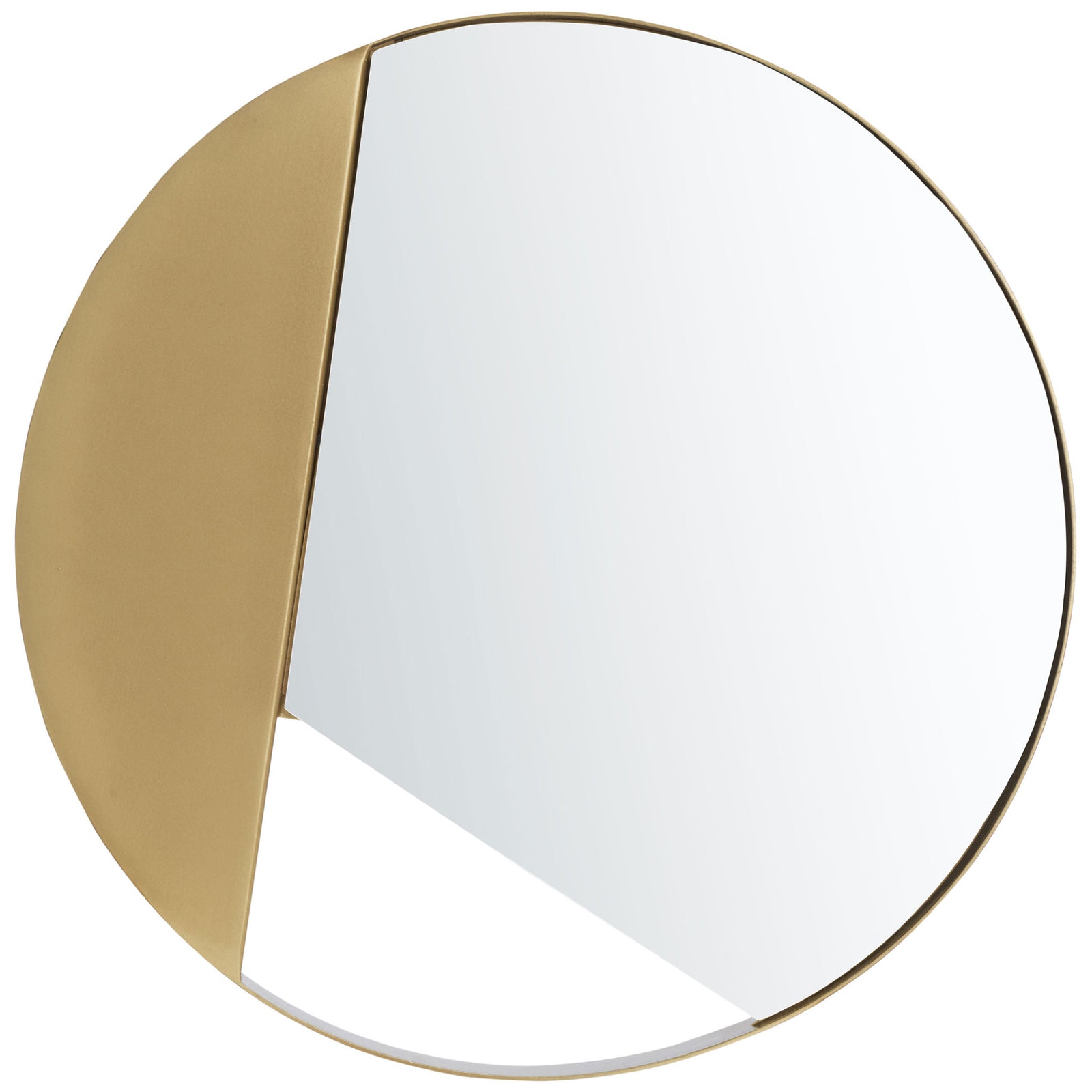 A round wall mirror pairs a slim brass-finished rim with a bold curved accent and an angular lower panel. || MRR3034A || front_studio
