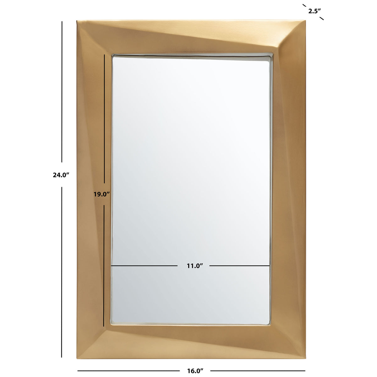 A 16-by-24-inch frame surrounds 11-by-19-inch mirror glass in warm antique brass. || MRR3041A || dimension_studio