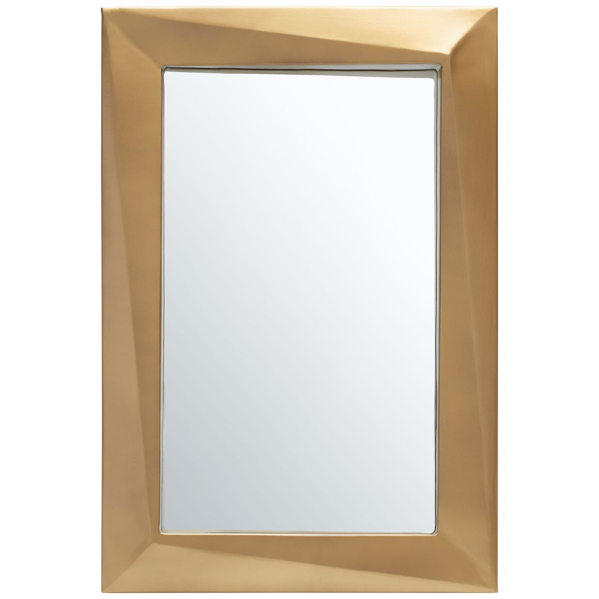 A rectangular mirror is surrounded by a bold, faceted antique brass frame. || MRR3041A || front_studio