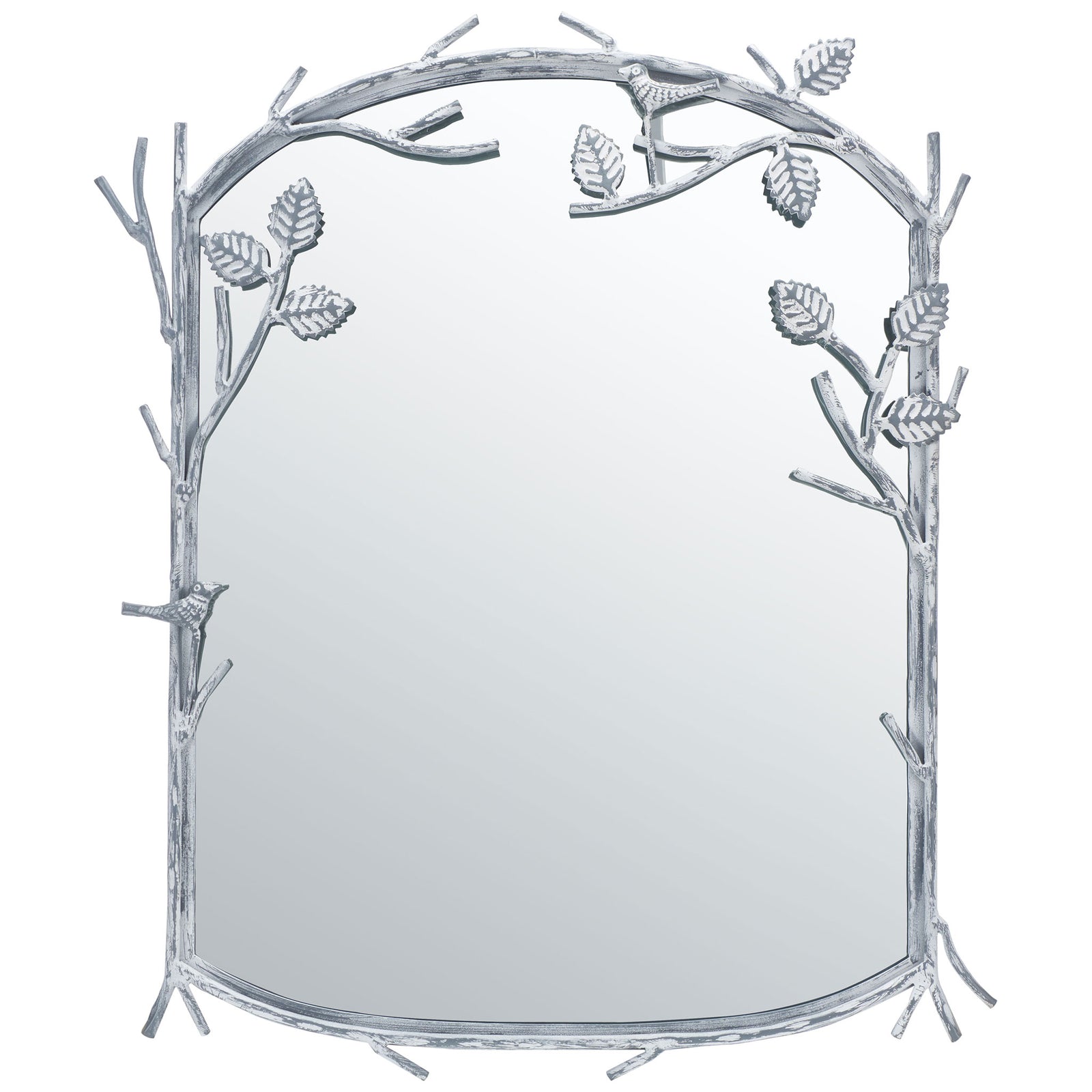 An arched mirror framed by silver branches and delicate leaves creates a woodland accent. || MRR3042A || front_studio