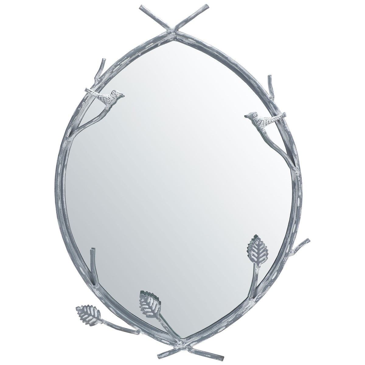 A vertically oriented mirror pairs a silver branch frame with delicate leaf details. || MRR3043A || front_studio