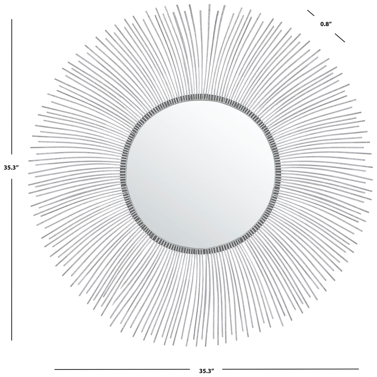 Sunburst mirror spans 35.3 inches, with silver rays surrounding its round center || MRR3045A || dimension_studio