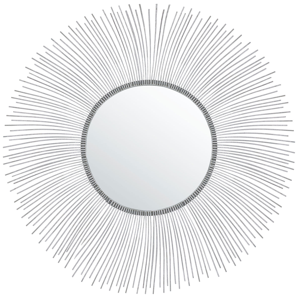 Round mirror ringed by slender silver rays creates a bold sunburst silhouette || MRR3045A || front_studio