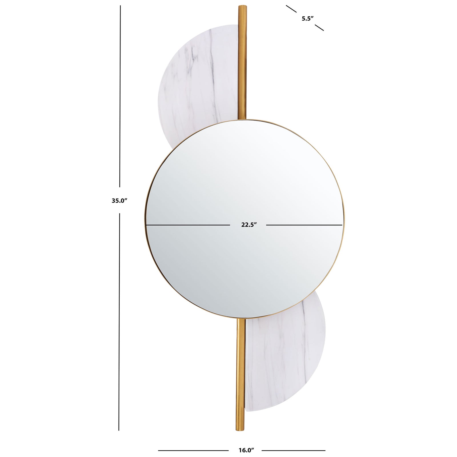 A 35-inch-tall mirror pairs a gold-rimmed circle with offset white marble-look accents. || MRR3047A || dimension_studio