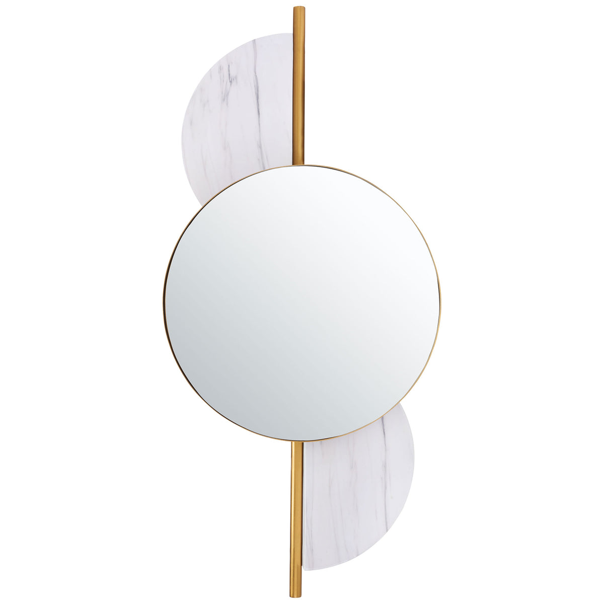 A round gold-edged mirror sits between white marble-look half circles on a slender gold bar. || MRR3047A || front_studio