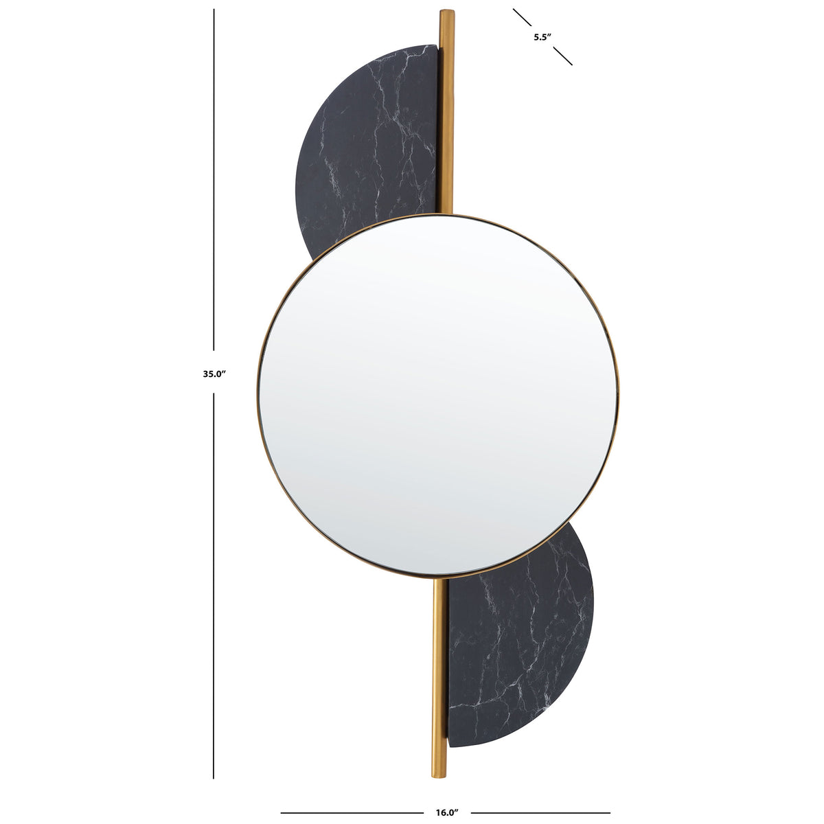A 35-inch-tall mirror pairs a round gold frame with offset black marble-look panels.