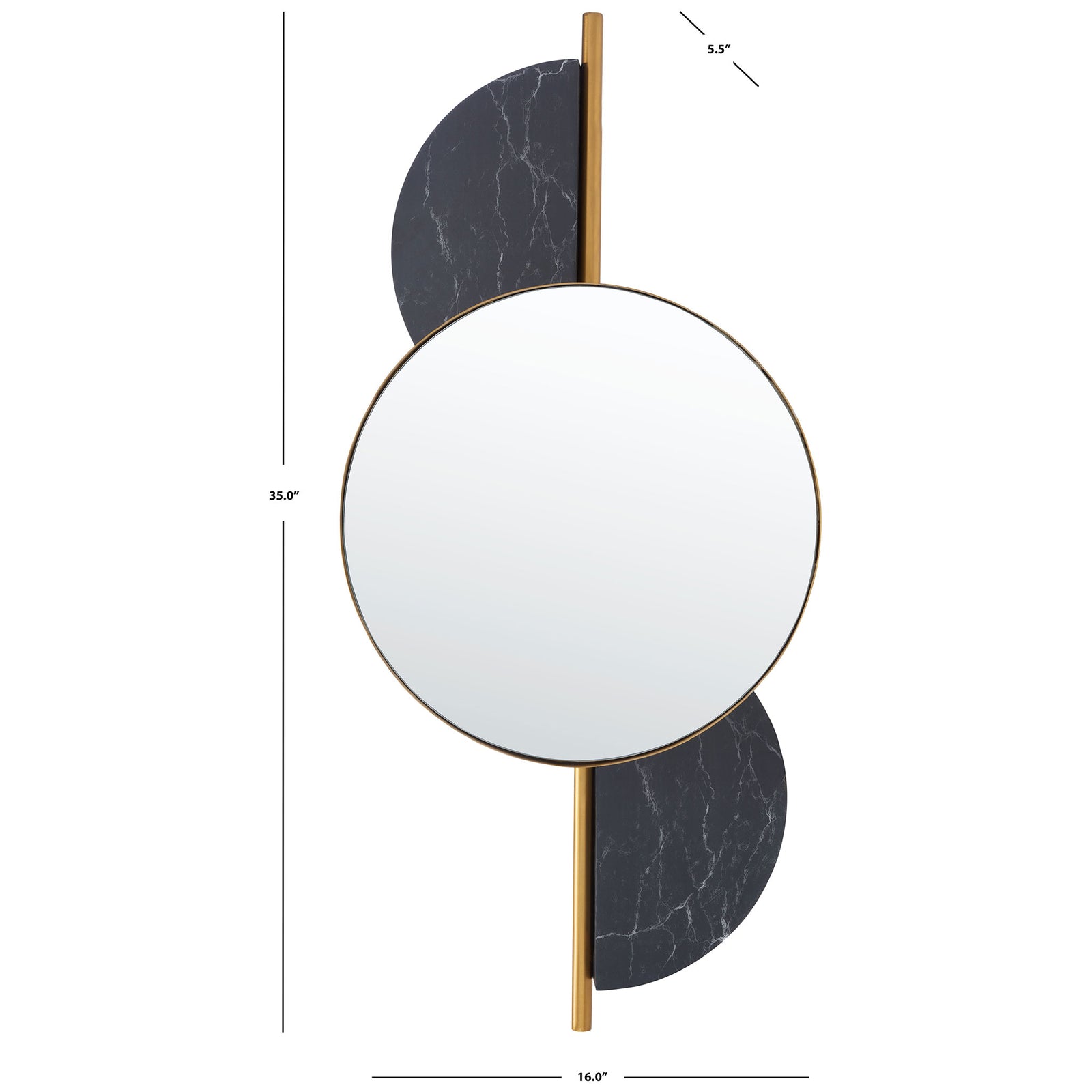A 35-inch-tall mirror pairs a round gold frame with offset black marble-look panels. || MRR3047B || dimension_studio