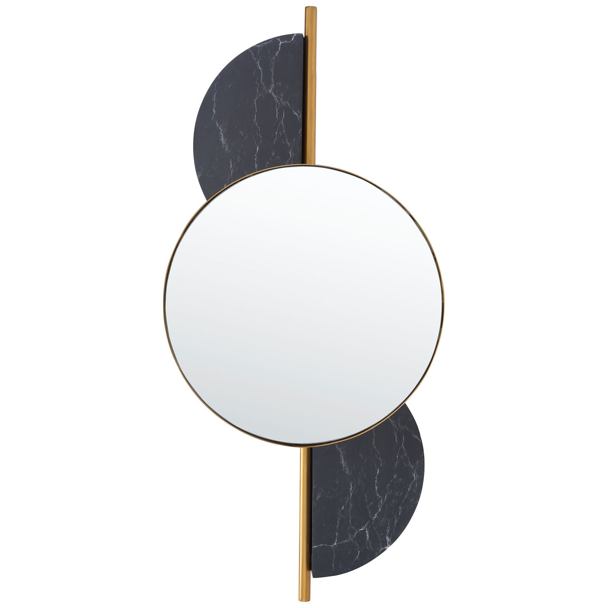 A round gold-edged mirror sits between black marble-look half circles on a slender gold bar. || MRR3047B || front_studio