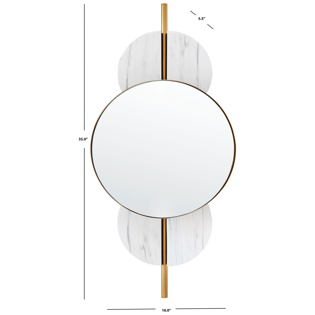 At 35 inches tall and 16 inches wide, this mirror pairs a gold-framed circle with white marble-look accents || MRR3048A || dimension_studio