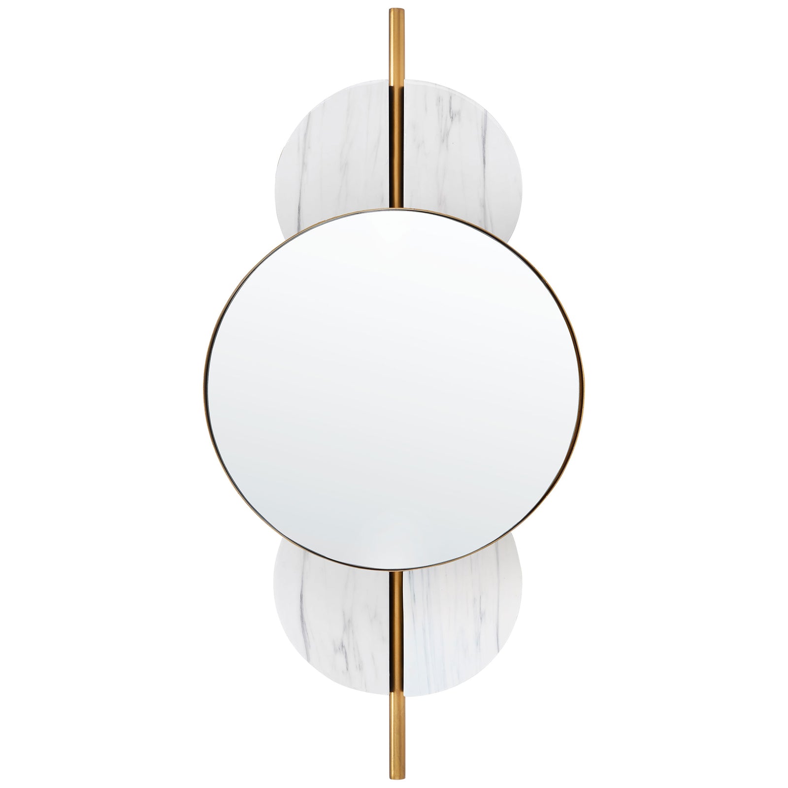 A round gold-framed mirror sits between white marble-look accents on a slender vertical gold bar || MRR3048A || front_studio