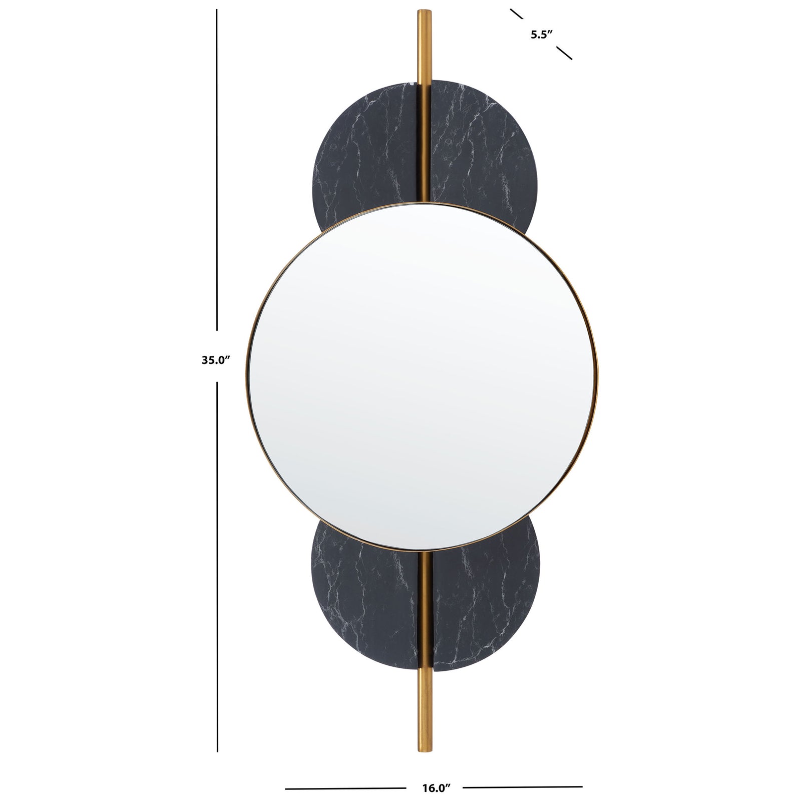 At 35 inches tall and 16 inches wide, this mirror pairs gold trim with black marble-look accents || MRR3048B || dimension_studio