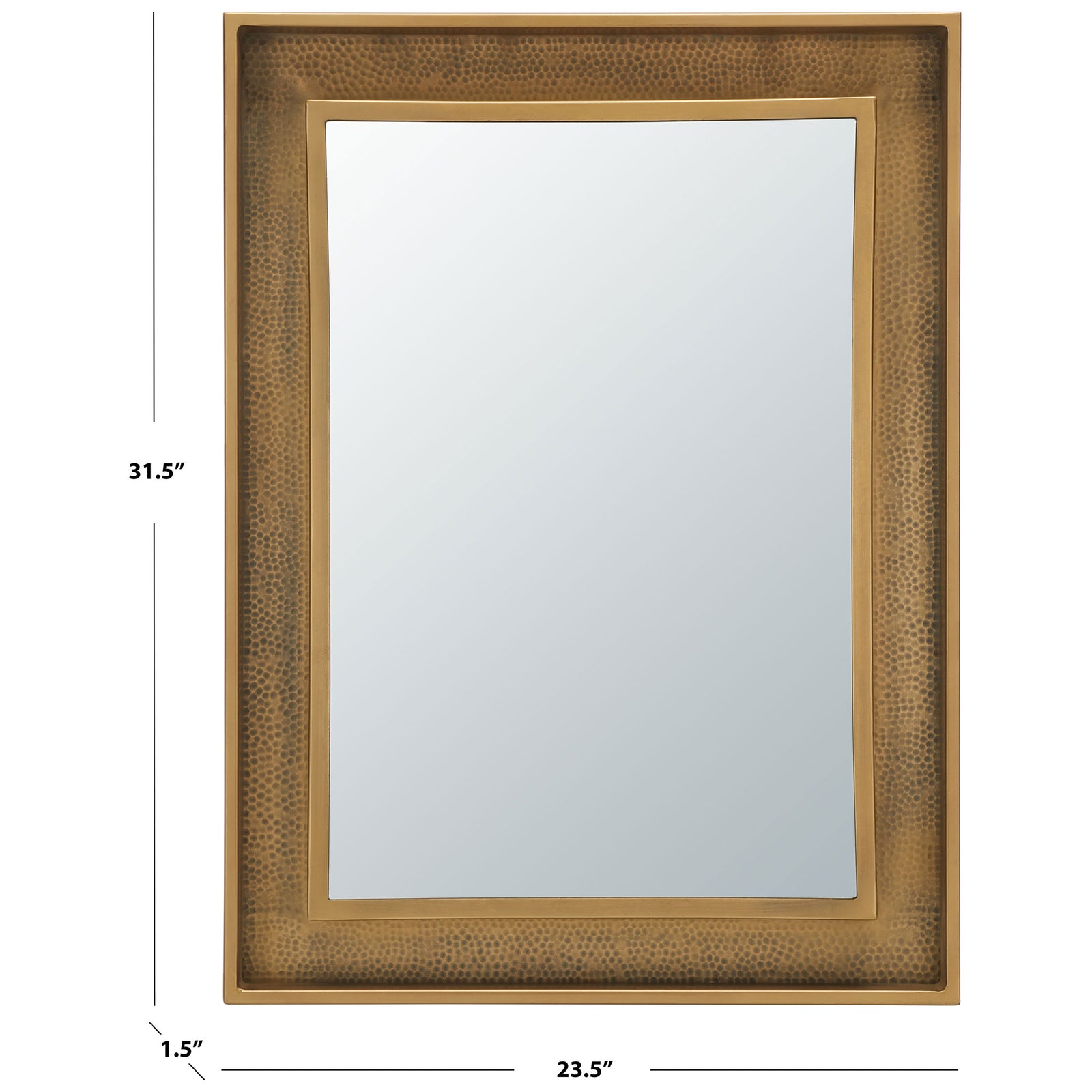 Textured brass-finished mirror measures 23.5 inches wide, 31.5 inches high, and 1.5 inches deep. || MRR3049A || dimension_studio