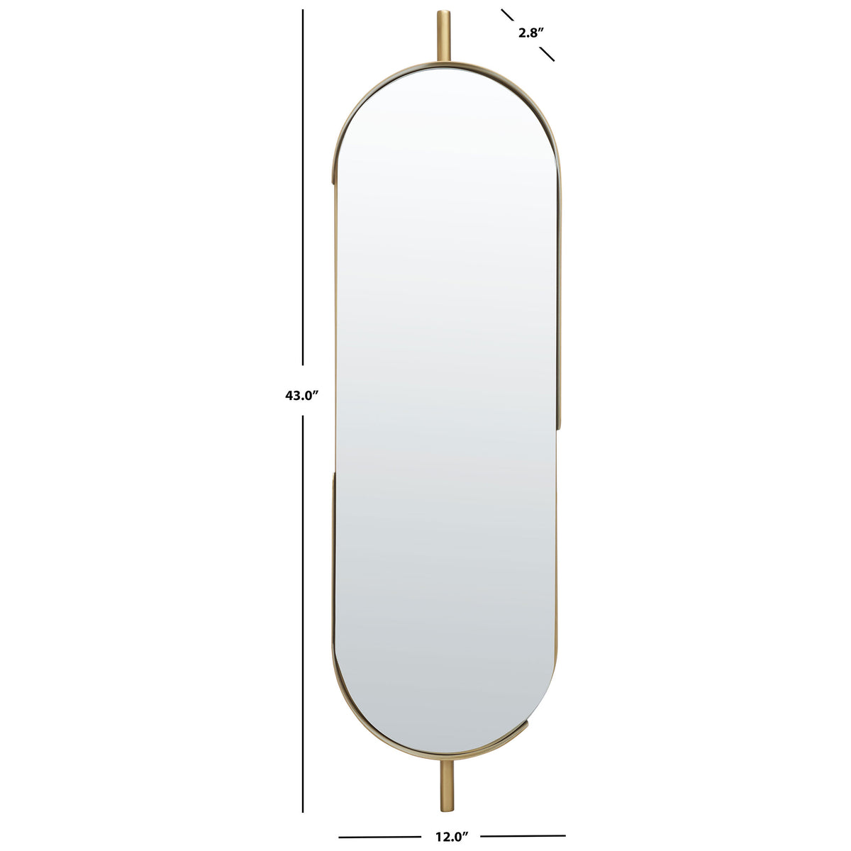 An elongated, rounded mirror stands 43 inches high and 12 inches wide, framed in warm brass tones. || MRR3051A || dimension_studio