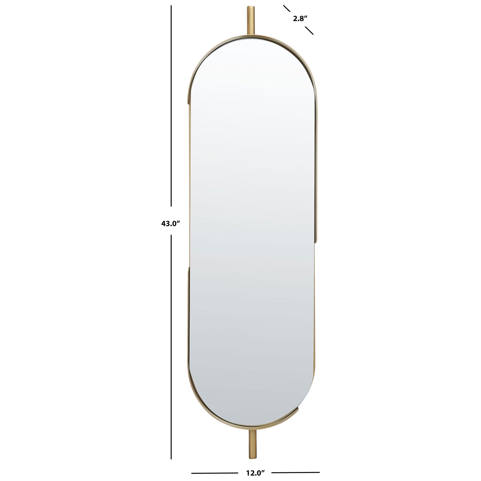 An elongated, rounded mirror stands 43 inches high and 12 inches wide, framed in warm brass tones. || MRR3051A || dimension_studio