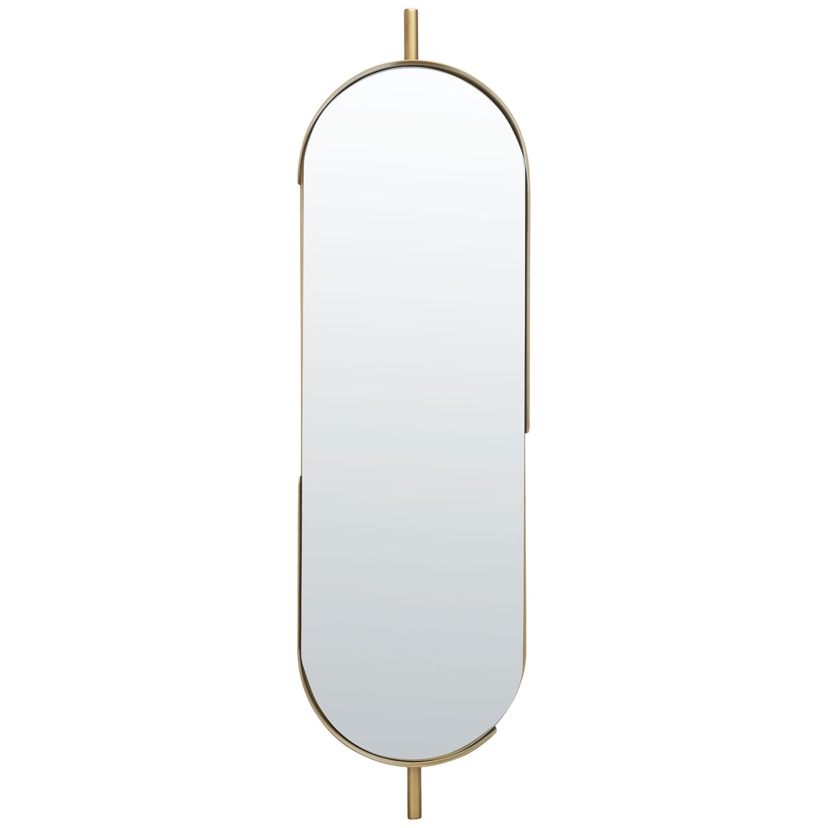 A slender, rounded mirror pairs reflective glass with a brass-toned frame and decorative end accents. || MRR3051A || front_studio
