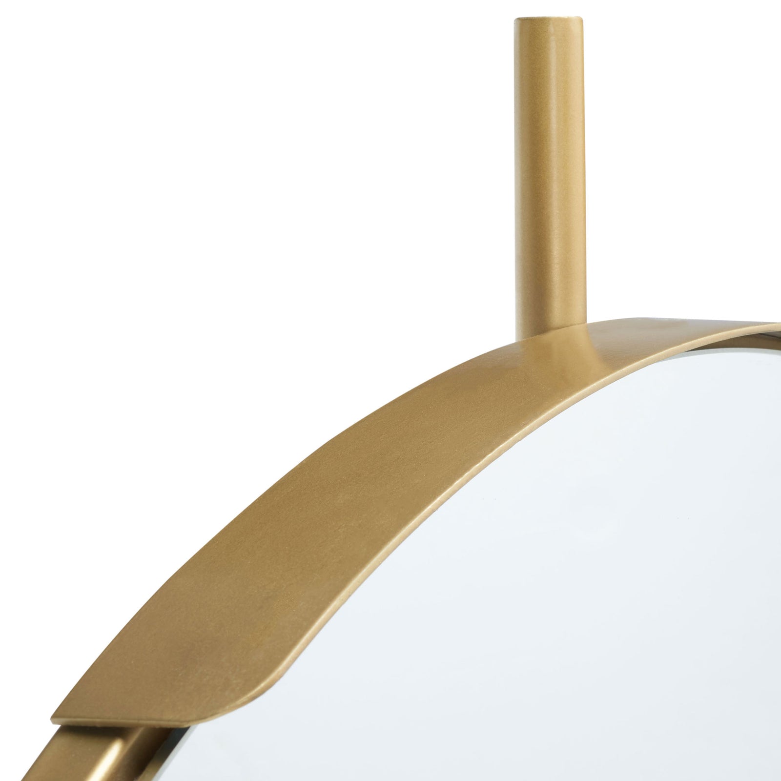 Curved brass-finished metal detailing and a slim vertical stem accent the round mirror || MRR3052A || detail_studio